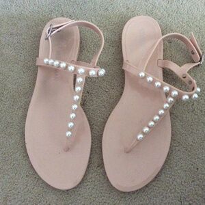 Stuart Weitzman T-Strap Tan/Cream Pearl Embossed Jelly Sandals Size 10